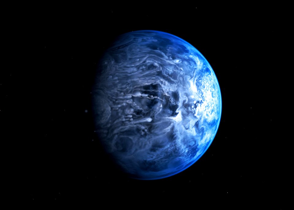 This illustration shows HD 189733b, a huge gas giant true blue planet that orbits very close to its host star HD 189733 found by NASA Hubble.