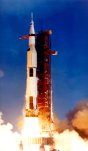 The photograph of the Saturn V launch vehicle (SA-506) for the Apollo 11 mission liftoff on July 16, 1969, from launch complex 39A at the Kennedy Space Center.