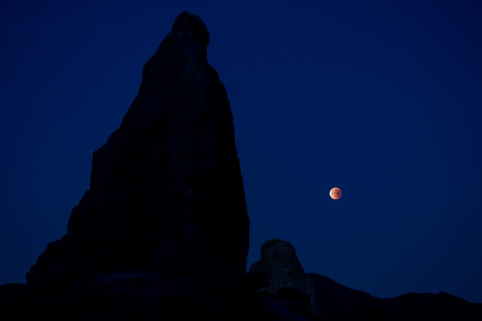 Trona Pinnacles near California's NASA Armstrong Flight Research Center during Super Blue Blood Moon.