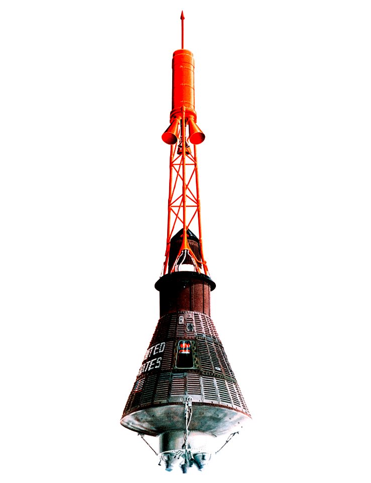 Artist concept of the Mercury capsule with its launch escape system.