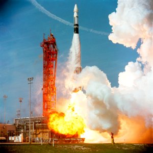 An Agena Target Docking Vehicle atop an Atlas rocket lifts off from Launch Complex 14 at Cape Kennedy at 10 a.m., March 16, 1966.