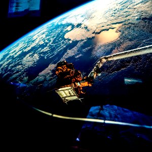 View of the SPARTAN satellite during its release into orbit. photo