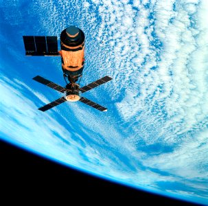 View of Skylab space station cluster in Earth orbit from CSM. photo