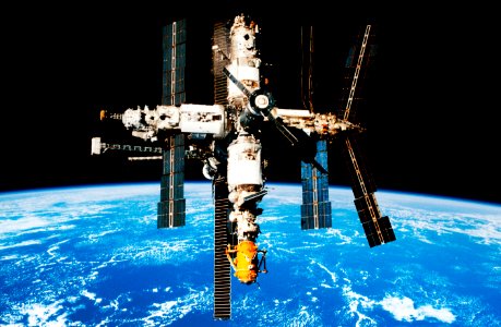 The Space Shuttle Endeavour's crew recorded a series of 35mm and 70mm fly around survey photos of Russia's Mir Space Station. photo