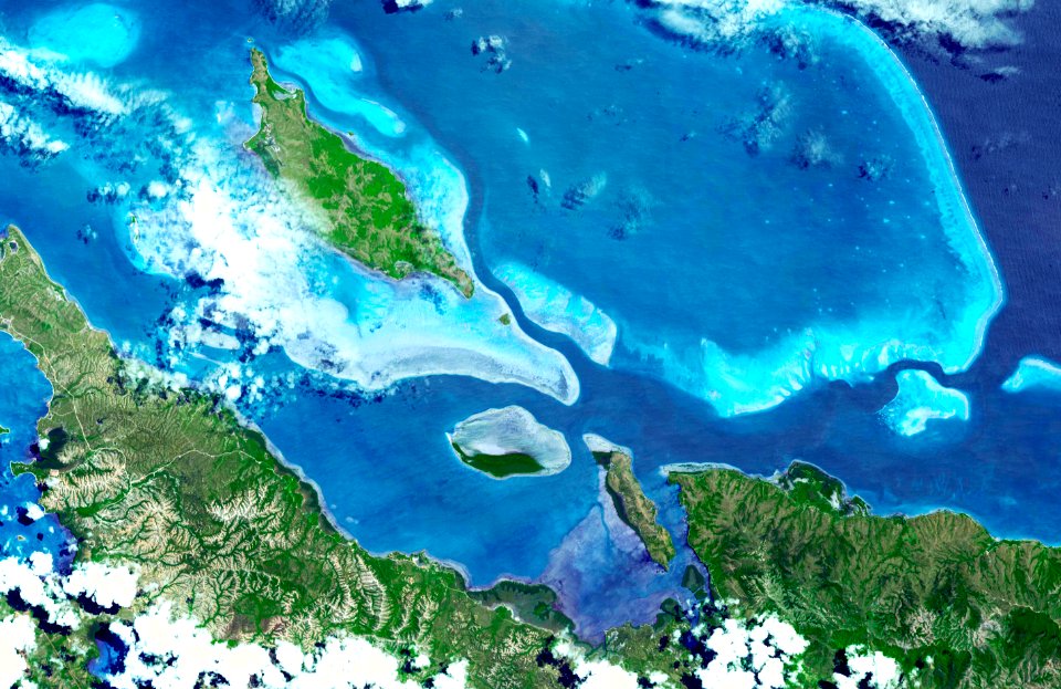 In this image, taken by NASA's Terra spacecraft, six marine clusters represent the main diversity of coral reefs and associated ecosystems in the French Pacific Ocean archipelago of New Caledonia.