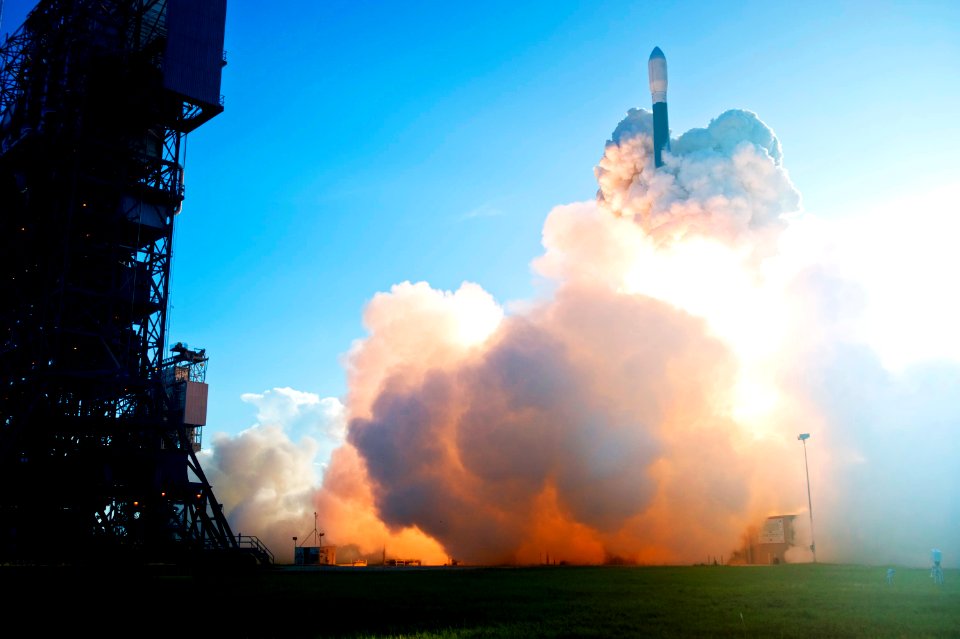CAPE CANAVERAL, Fla. – The United Launch Alliance Delta II rocket with Space Tracking and Surveillance System - Demonstrator, or STSS-Demo, spacecraft emerges from a blanket of smoke after liftoff from Launch Pad 17-B at Cape Canaveral Air Force Station. STSS-Demo was launched at 8:20:22 a.m. EDT by NASA for the Missile Defense System. The STSS-Demo is a space-based sensor component of a layered Ballistic Missile Defense System designed for the overall mission of detecting, tracking and discriminating ballistic missiles.