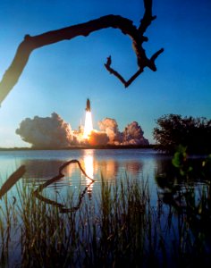 Space shuttle Atlantis and its four-member STS-135 crew head toward Earth orbit and rendezvous with the International Space Station, 8 July 2011.