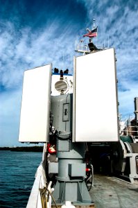 The X-band radar array is installed on the solid rocket booster retrieval ship Liberty before launch of Space Shuttle Discovery. photo