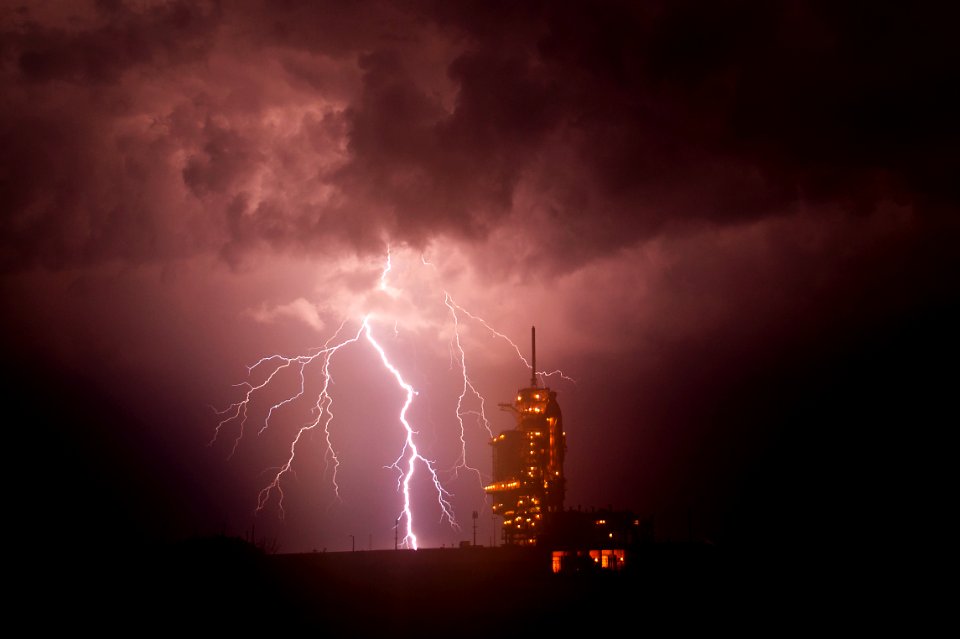 The Endeavour at launch pad 39a as a storm passes by prior to the rollback of the Rotating Service Structure, April 28, 2011.