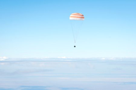 The Soyuz TMA-21 spacecraft is seen as it lands with Expedition 28 in a remote area outside of the town of Zhezkazgan, Kazakhstan, Sept. 16, 2011. photo