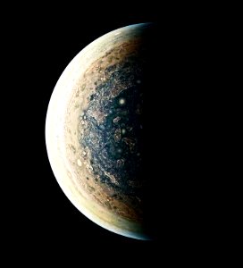 This enhanced-color image of Jupiter's south pole and its swirling atmosphere.