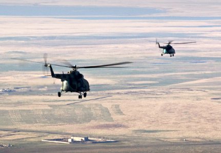 Rescue helicopters fly Expedition 16 crew to Kustanay, Kazakhstan shortly after their Soyuz TMA-11 spacecraft landed in central Kazakhstan. photo