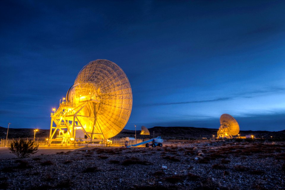 Beam Wave Guide antennas at Goldstone, known as the Beam Waveguide Cluster.