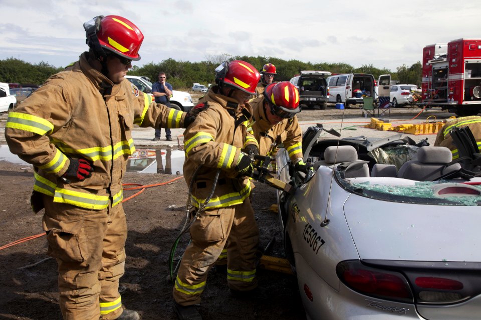 Special Rescue Operations firefighters with NASA Fire Rescue Services at NASA’s Kennedy Space Center near Cape Canaveral Air Force Station in Florida practice vehicle extrication training at an auto salvage yard near the center.