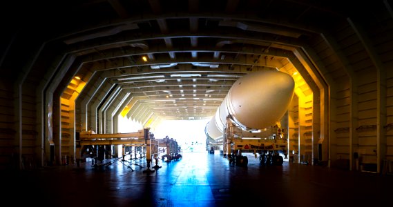 A United Launch Alliance Delta IV Heavy common booster core is about to be offloaded from the company's Mariner ship at Port Canaveral in Florida. photo