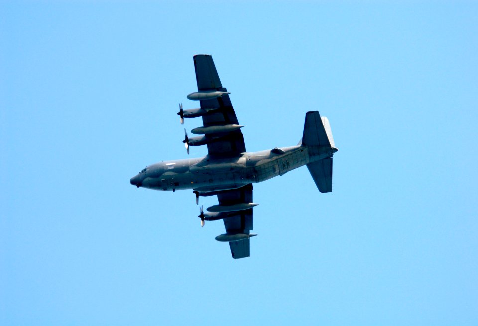 Air Force HC-130 rescue tanker flies over the target area off Florida's central east coast during a rescue training exercise, known as Mode VIII.