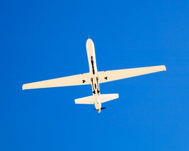 The narrow fuselage of NASA'S Ikhana unmanned science aircraft is evident in this view from underneath. Mar 5, 2007.