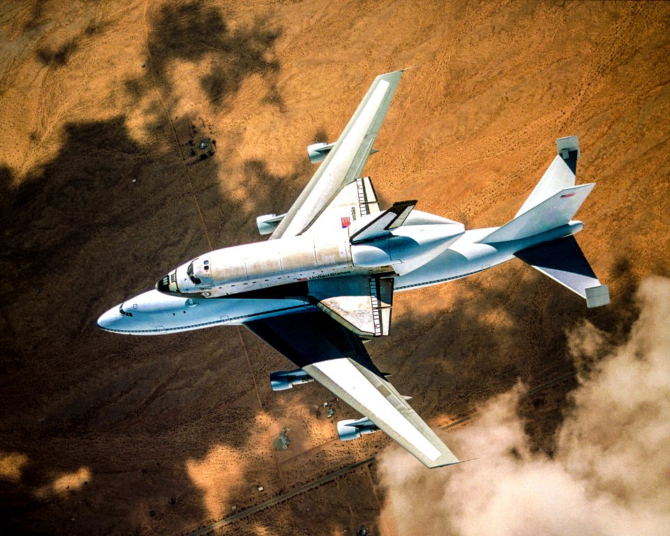 NASA space shuttle Columbia hitched a ride on a special 747 carrier aircraft for the flight from Palmdale, California, to Kennedy Space Center, Florida, on March 1st, 2001.