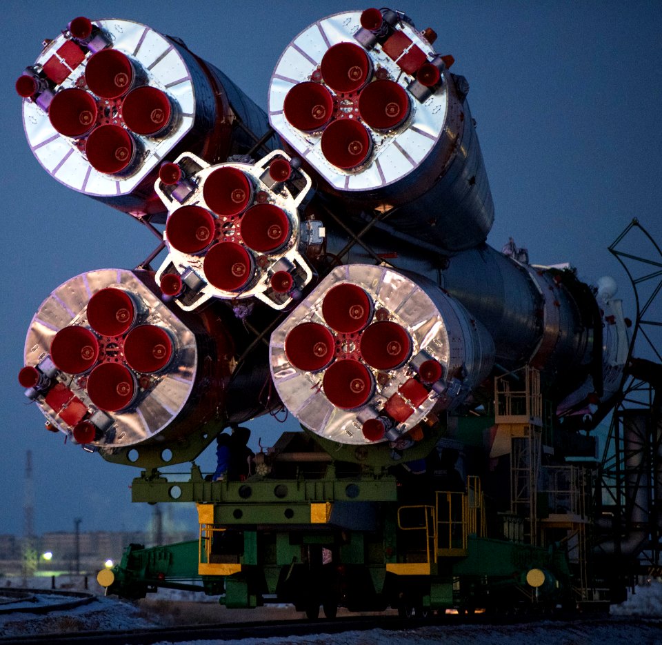 The Soyuz rocket is rolled out by train to the launch pad, Friday, Dec. 15, 2017.