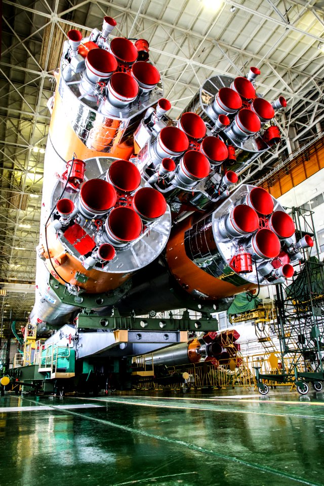 The Soyuz rocket and Soyuz TMA-16M spacecraft at Building 112 on the Baikonur Cosmodrome in Baikonur, Kazakhstan.