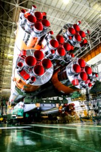 The Soyuz rocket and Soyuz TMA-16M spacecraft at Building 112 on the Baikonur Cosmodrome in Baikonur, Kazakhstan.