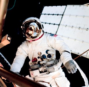 Astronaut Jack R. Lousma, Skylab 3 pilot, participates in the Aug. 6, 1973, extravehicular activity.