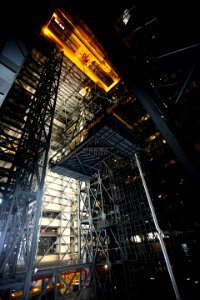 A crane lifts the second half of the B-level work platforms, B north, for NASA's Space Launch System (SLS) rocket.