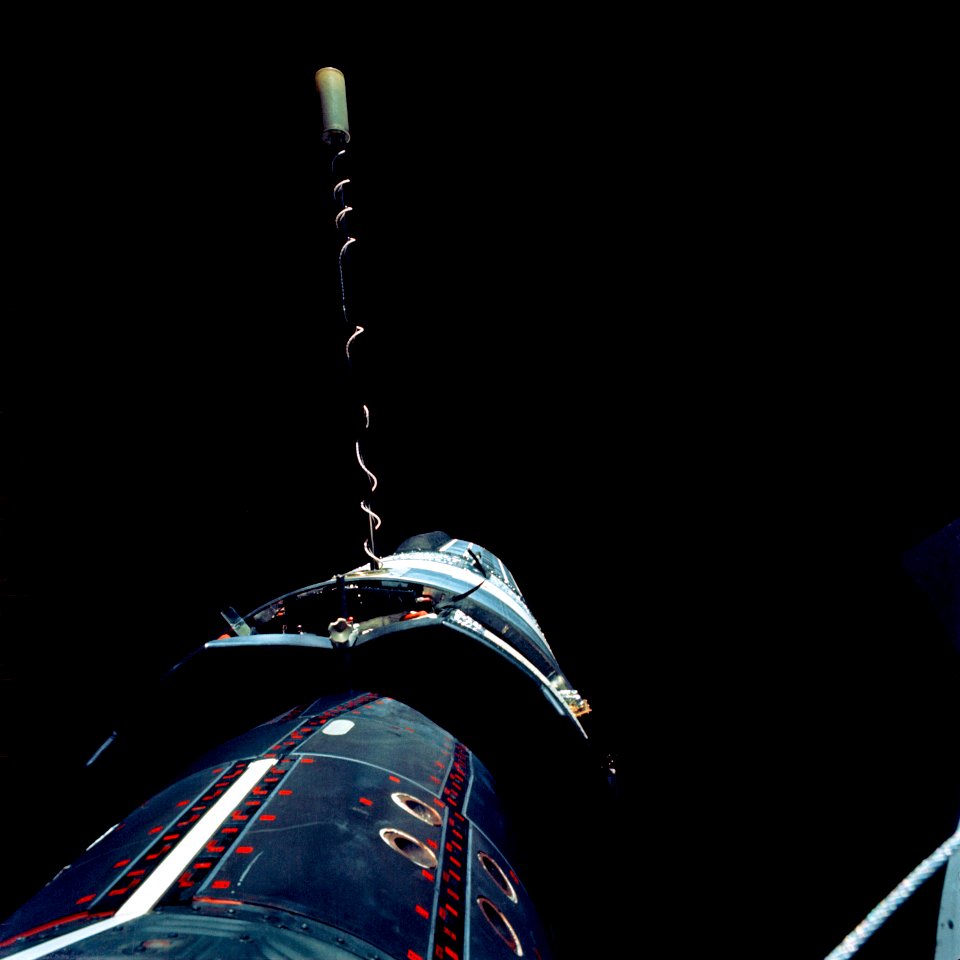 The Gemini-11 spacecraft is docked to the Agena Target Vehicle.