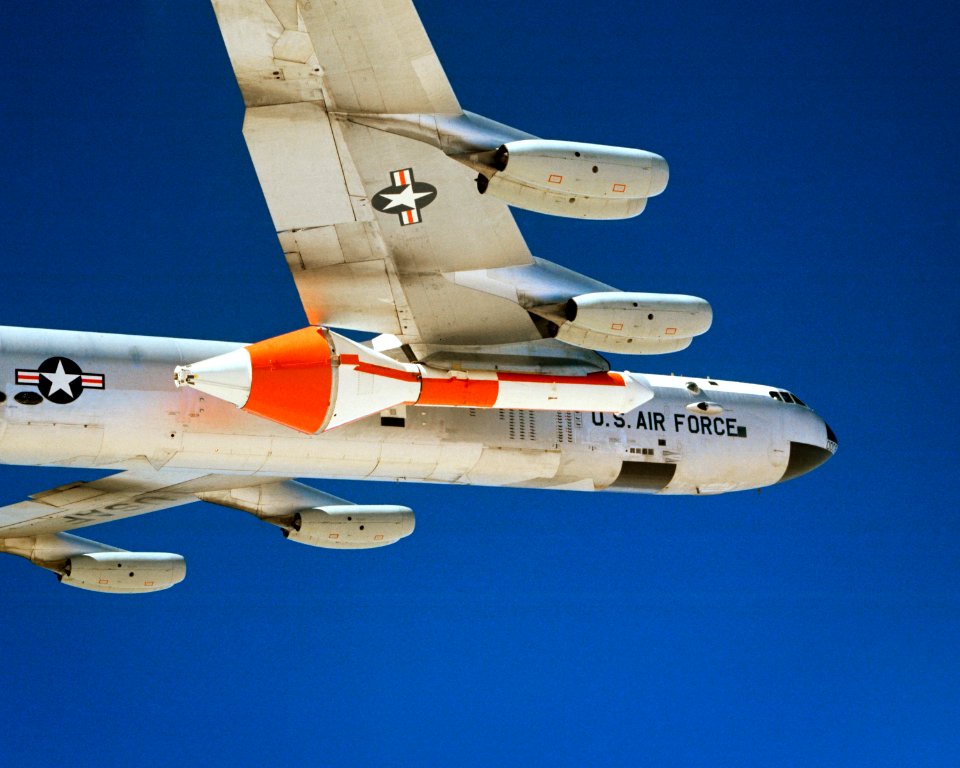 Space Shuttle Solid Rocket Booster Drop Test Vehicle (SRB-DTV) captive flight on NB-52B.
