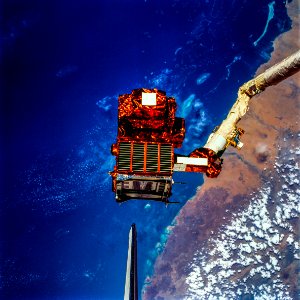 View of the SPARTAN satellite during its release into orbit. photo