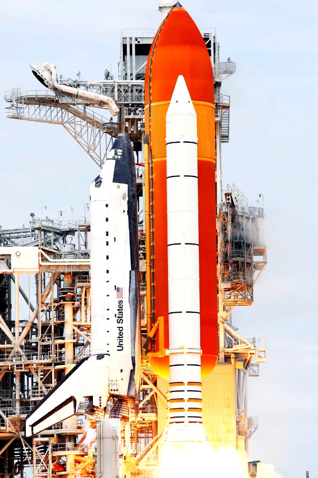 Space shuttle Atlantis and its four-member STS-135 crew head toward Earth orbit and rendezvous with the International Space Station, 8 July 2011.