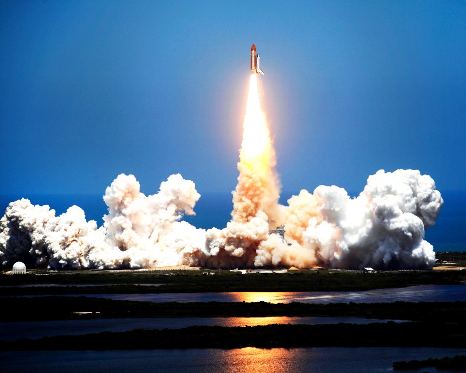 Space shuttle Atlantis and its four-member STS-135 crew head toward Earth orbit and rendezvous with the International Space Station, 8 July 2011.