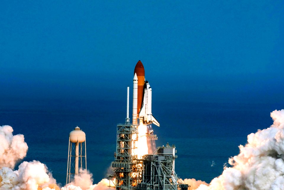Space shuttle Atlantis and its four-member STS-135 crew head toward Earth orbit and rendezvous with the International Space Station, 8 July 2011.