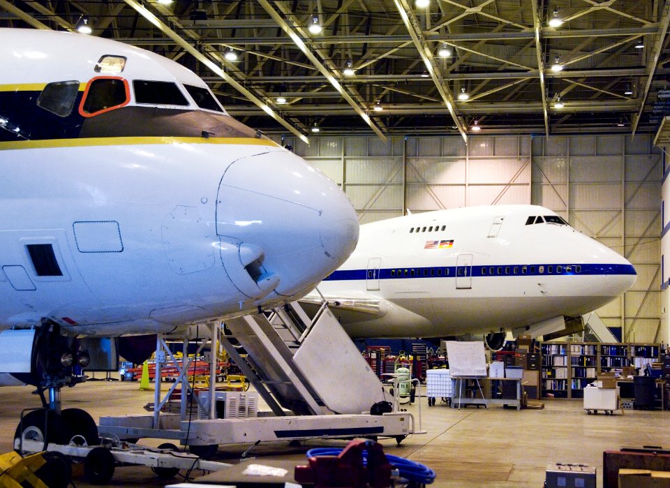 The cavernous expanse of the Dryden Aircraft Operations Facility in Palmdale, Calif., now houses NASA's DC-8 science laboratory and SOFIA infrared observatory. January 17, 2008. photo