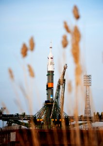 The Soyuz TMA-20 spacecraft is seen shortly after arrival to the launch pad Monday, Dec. 13, 2010 at the Baikonur Cosmodrome in Kazakhstan. photo