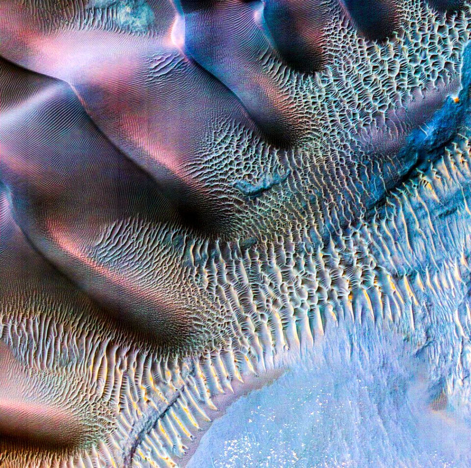 Sand dunes trapped in an impact crater in Noachis Terra, Mars.
