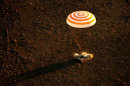 The Soyuz TMA-20M spacecraft is seen as it lands with Expedition 48 crew members near the town of Zhezkazgan, Kazakhstan, Sept. 7, 2016.