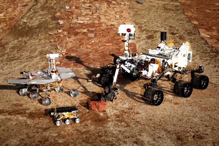 This grouping of two test rovers and a flight spare provides a graphic comparison of three generations of Mars rovers developed at NASA's Jet Propulsion Laboratory, Pasadena, Calif. photo