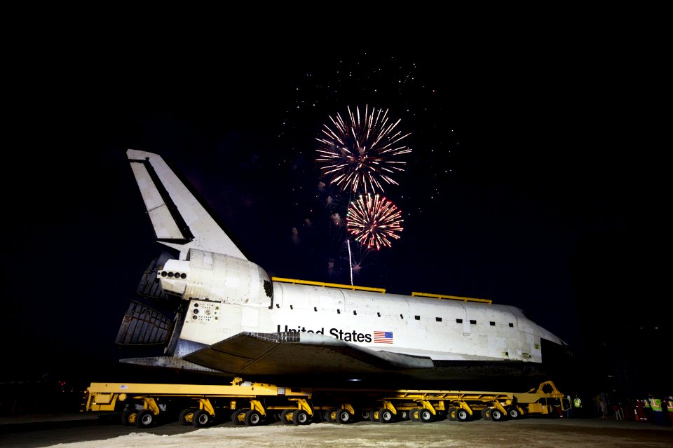 Fireworks celebrate the arrival of the space shuttle Atlantis at the Kennedy Space Center Visitor Complex following a 10-mile journey.