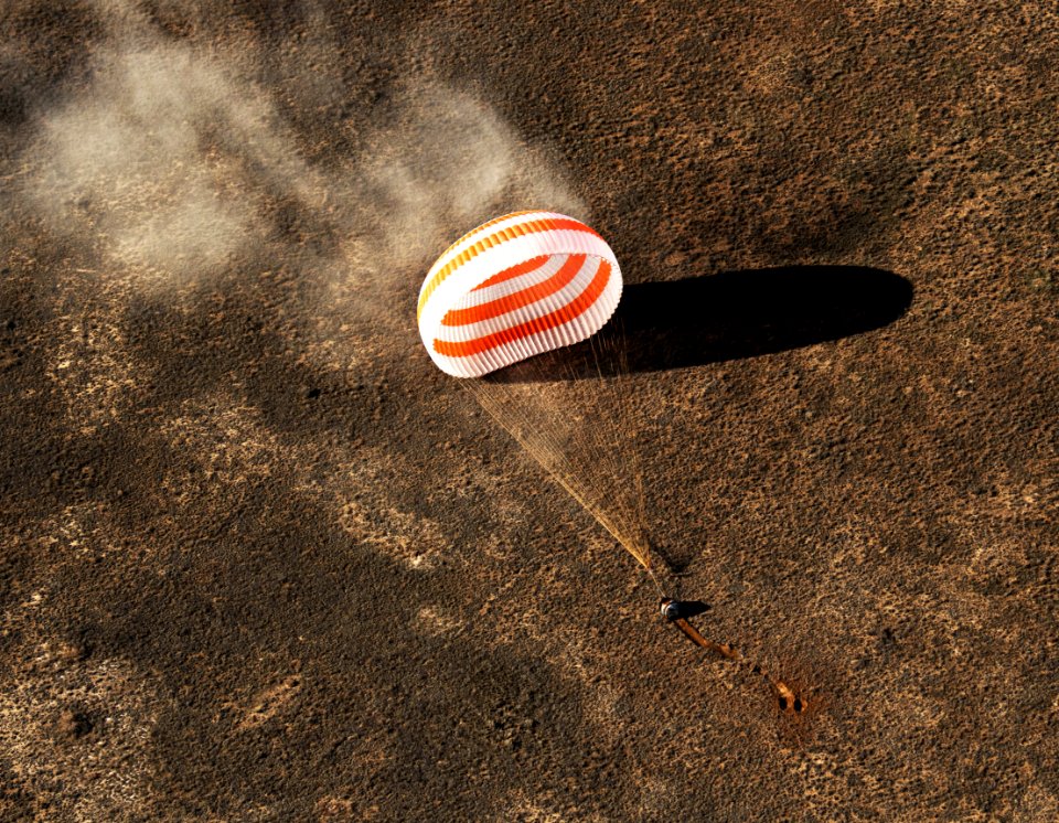 The Soyuz MS-02 spacecraft is seen as it lands with Expedition 50 near the town of Zhezkazgan, Kazakhstan, April 10, 2017.