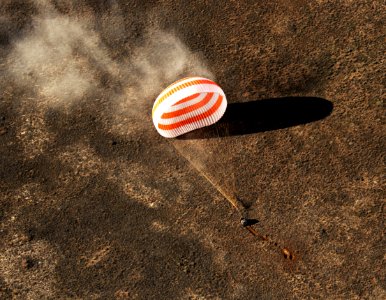 The Soyuz MS-02 spacecraft is seen as it lands with Expedition 50 near the town of Zhezkazgan, Kazakhstan, April 10, 2017.