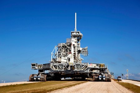 At NASA's Kennedy Space Center in Florida, crawler-transporter No. 2 arrives at Launch Pad 39A.  Digitally enhanced by rawpixel