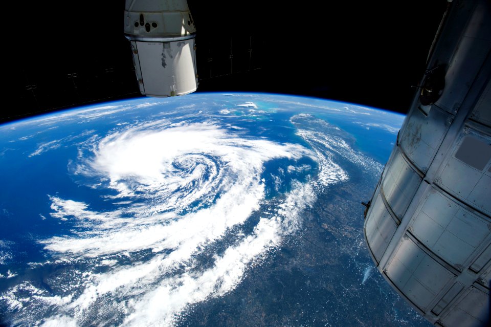 Tropical Storm Anna taken from the International Space Station displays the view looking south-southeastward from western Virginia towards storm about 200 miles east of Savannah, Georgia, Bahamas and Florida in the distance. Aug 5th, 2015.