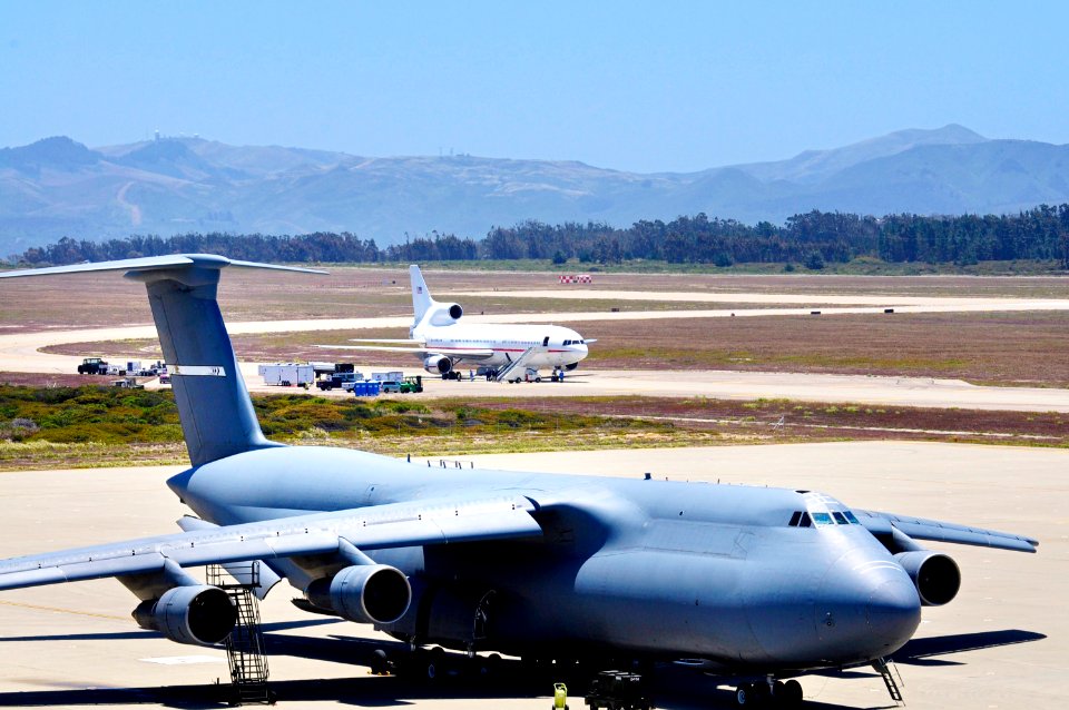 A U.S. Air Force C-5 Galaxy cargo aircraft at the tarmac at Vandenberg Air Force Base in California.