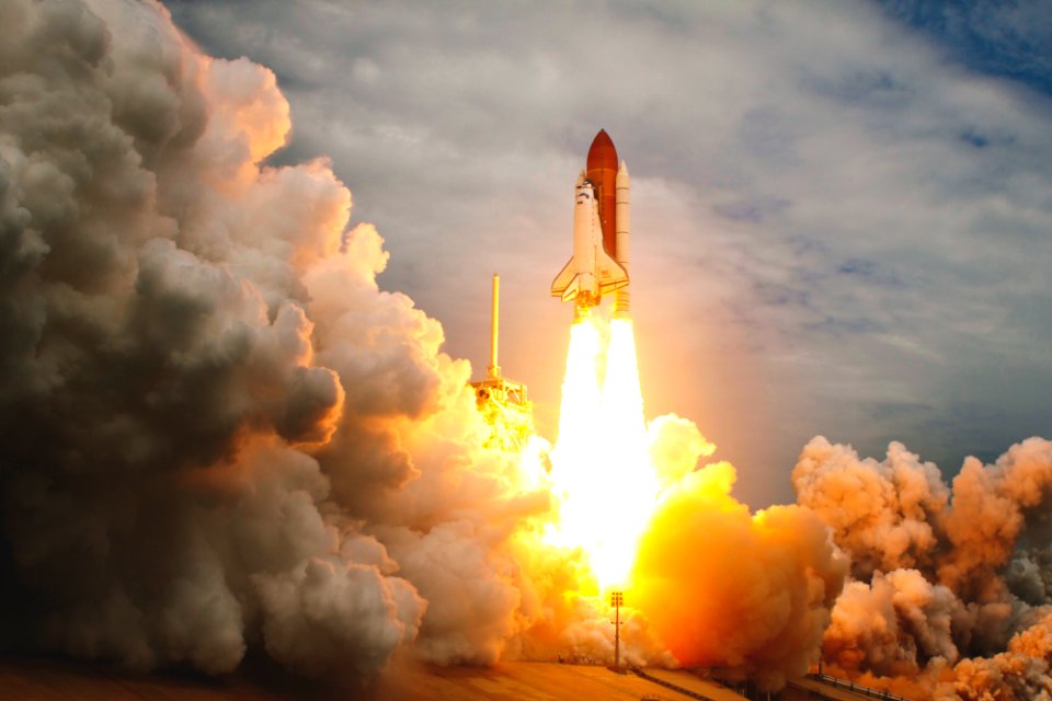 Space shuttle Atlantis and its four-member STS-135 crew head toward Earth orbit and rendezvous with the International Space Station, 8 July 2011.