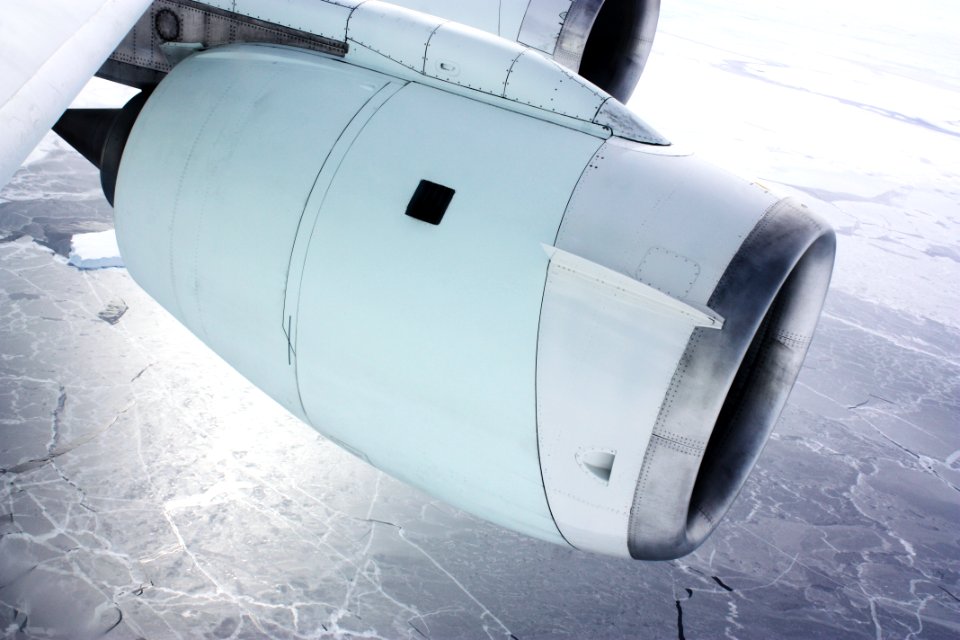 One of the engines of NASA's DC-8 airborne laboratory above sea ice in the Bellingshausen Sea.