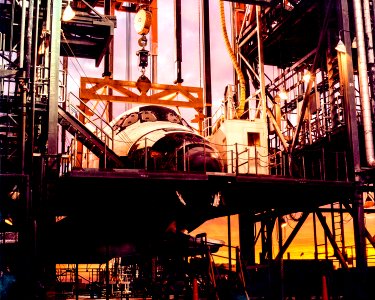 Space Shuttle Discovery encased in the Mate-Demate Device at NASA’s Dryden Flight Research Center at Edwards, California.