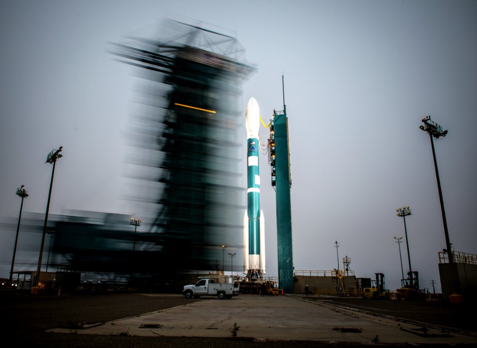 The launch gantry is rolled back to reveal the United Launch Alliance Delta II rocket at Vandenberg Air Force Base, Calif.