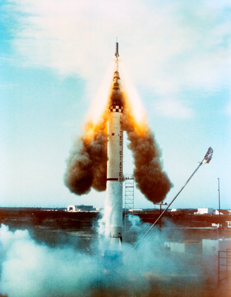Launch of the unmanned Mercury-Atlas 1 from Cape Canaveral, Florida.