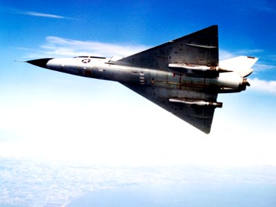 Convair F-106B Delta Dart rolls to the right to reveal the two research engines installed under its wings by the National Aeronautics and Space Administration (NASA) Lewis Research Center. photo